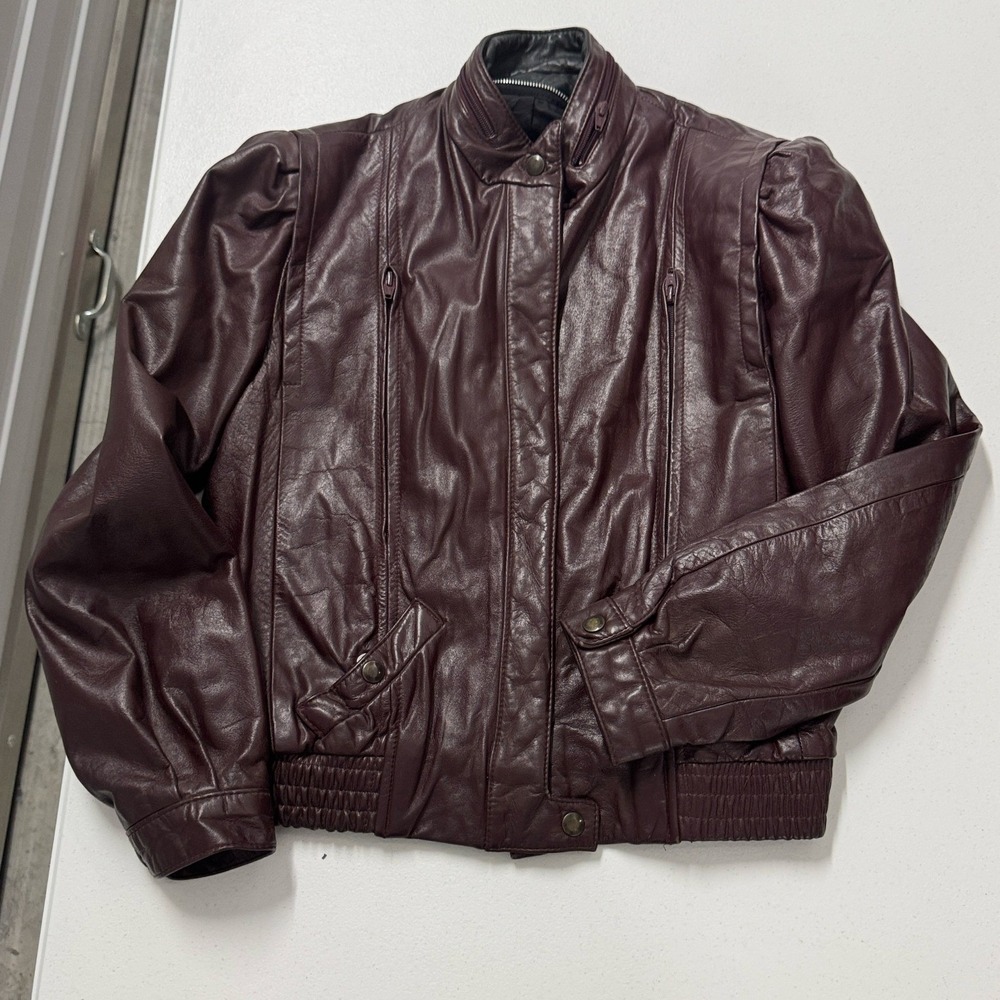 Vintage Leather Bomber Jacket Womens Size 12 Burgundy Excellent 80s Retro Moto
